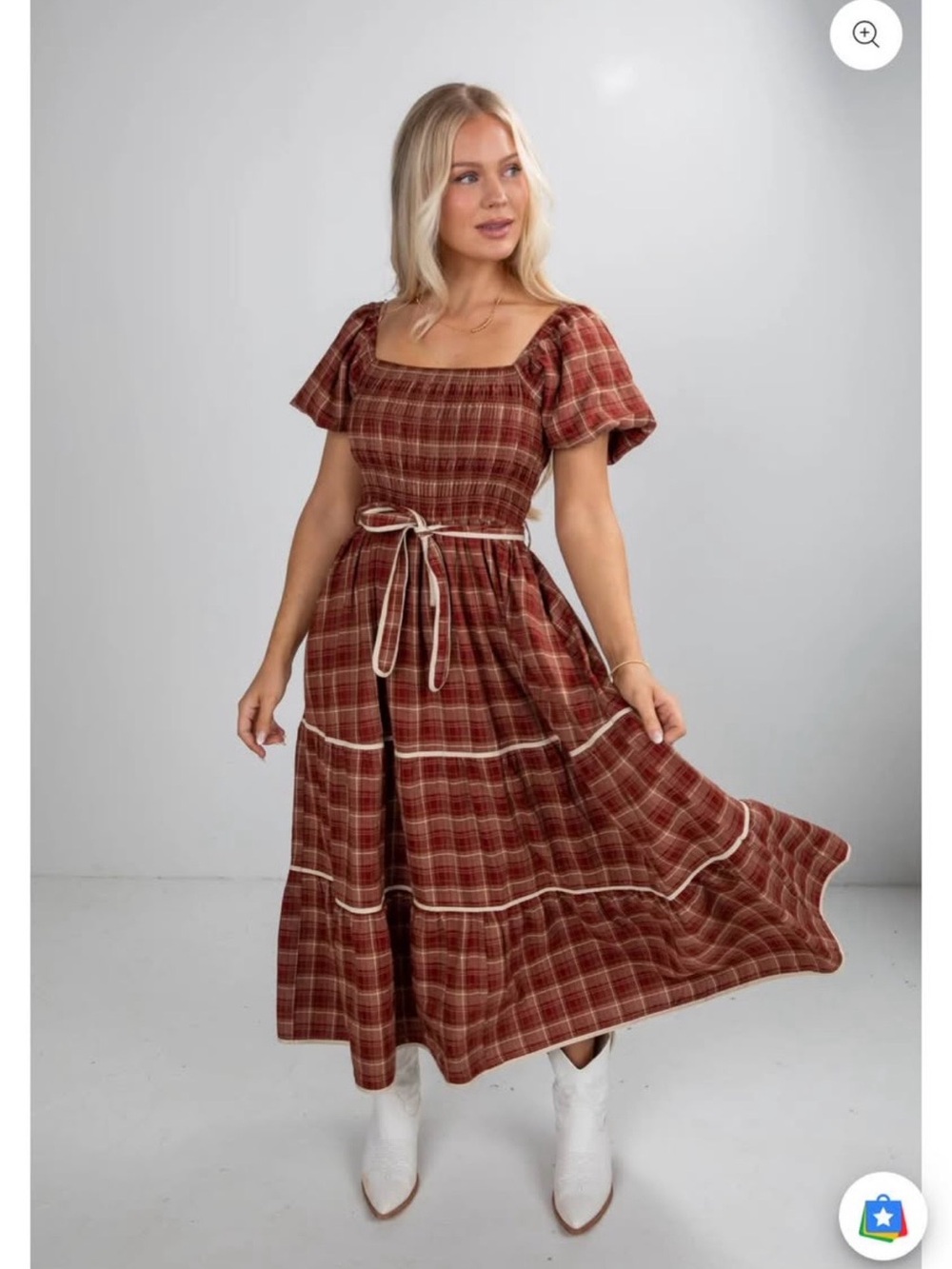 Rust Plaid Square-Neck Midi Dress with Tie Waist